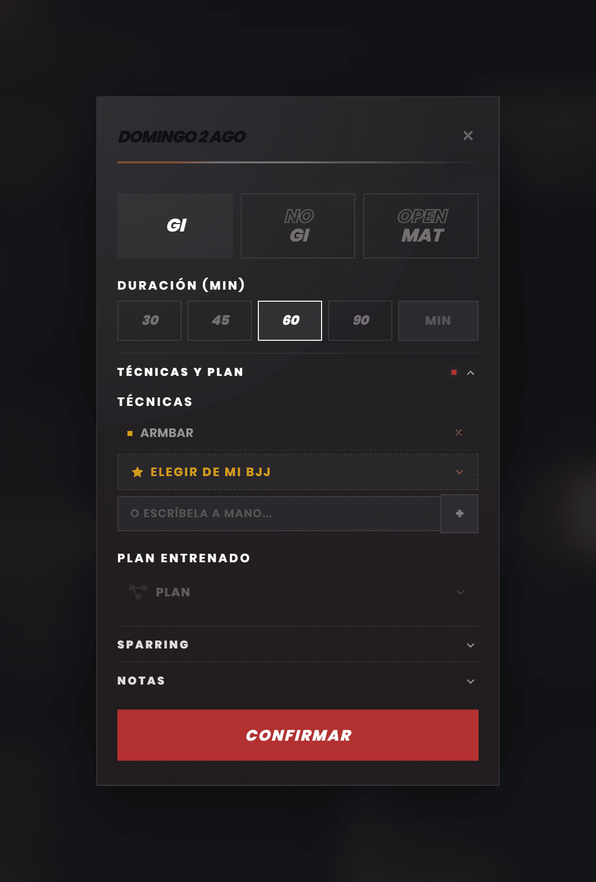 El mismo popup relleno: GI seleccionado, 60 minutos y la sección Técnicas y plan abierta con Armbar añadida desde Mi BJJ.